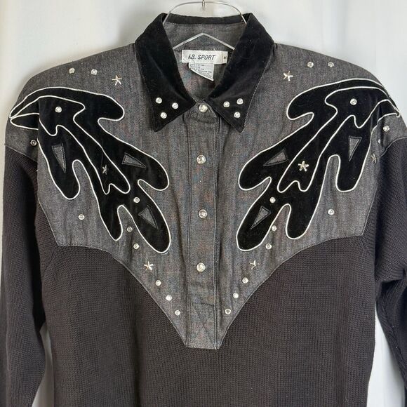 Vintage I.B. Sport 90s Ribbed Denim Embellished Western Style Pullover Top Sz M - Picture 2 of 6
